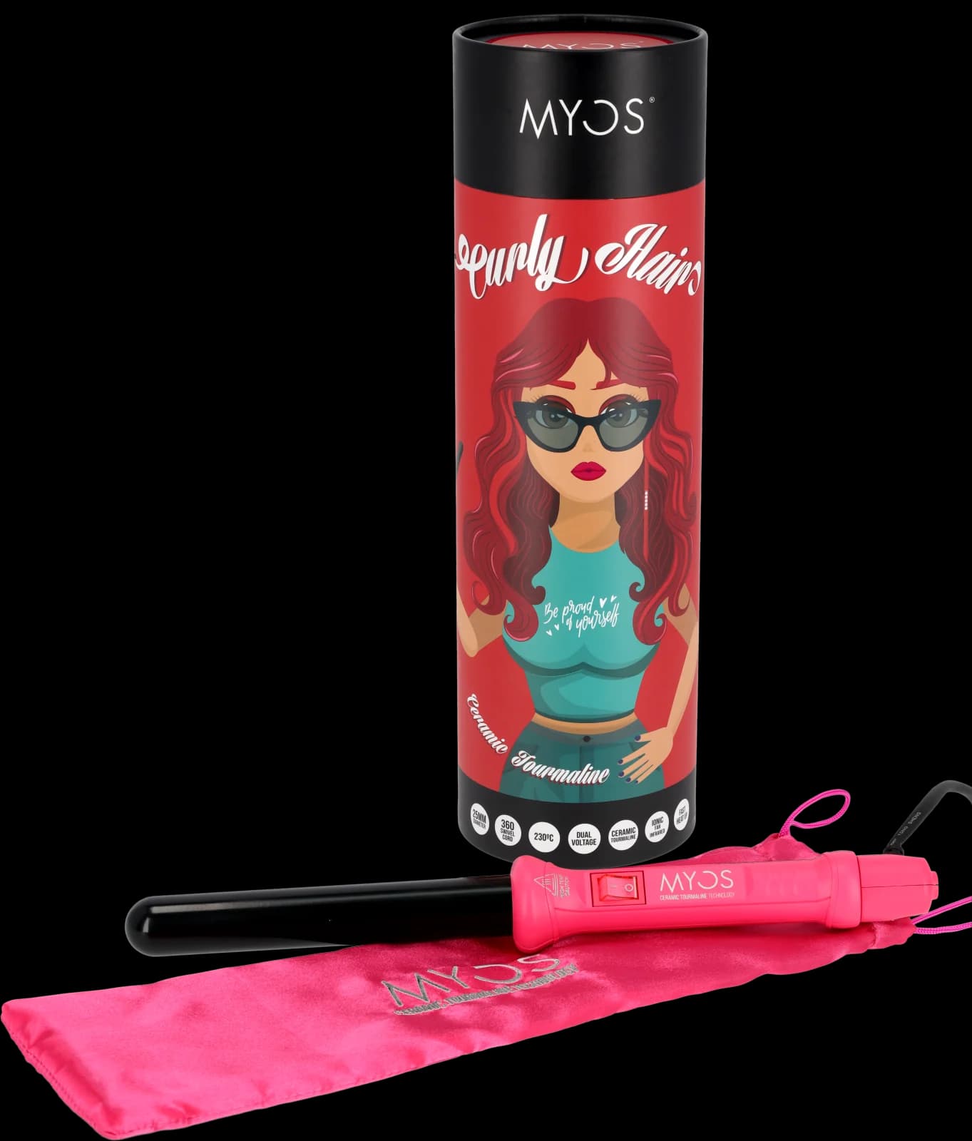 Curly Hair MYOS com a embalagem e a bolsa de arrumação